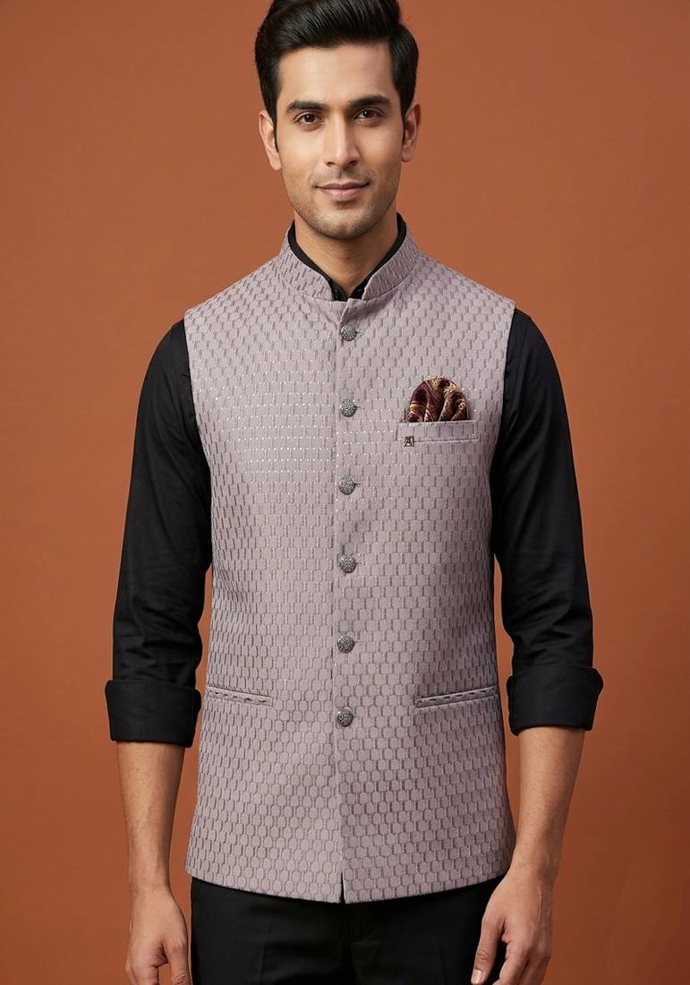 Light purple thread and sequins work nehru jacket 