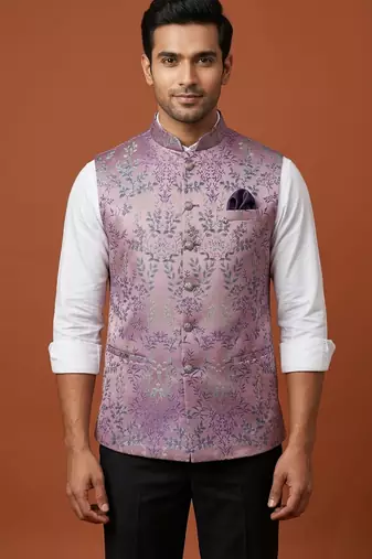 Dark pink printed nehru jacket  on silk