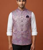 Dark pink printed nehru jacket  on silk