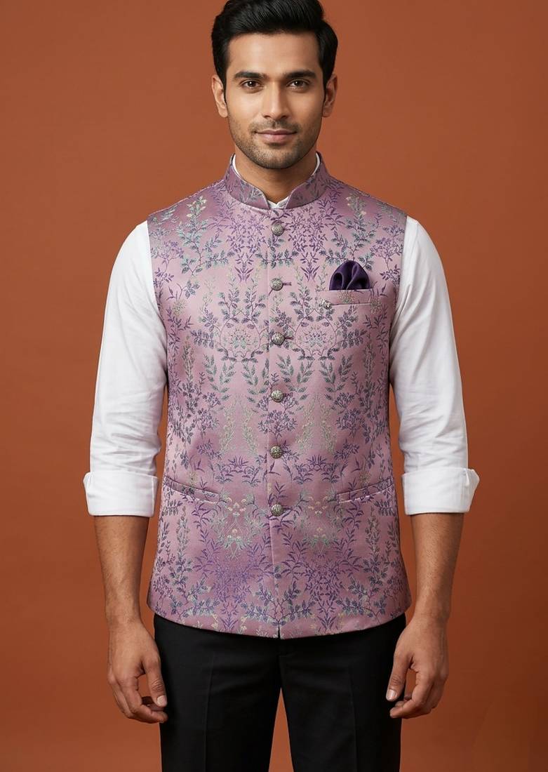Dark pink printed nehru jacket  on silk