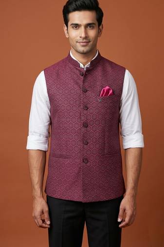 Maroon zari work nehru jacket  on silk