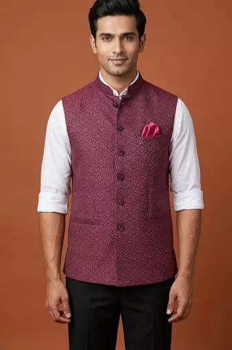 Maroon zari work nehru jacket  on silk