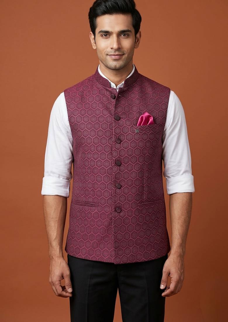 Maroon zari work nehru jacket  on silk