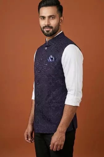 Purple thread and sequins embroidered nehru jacket 