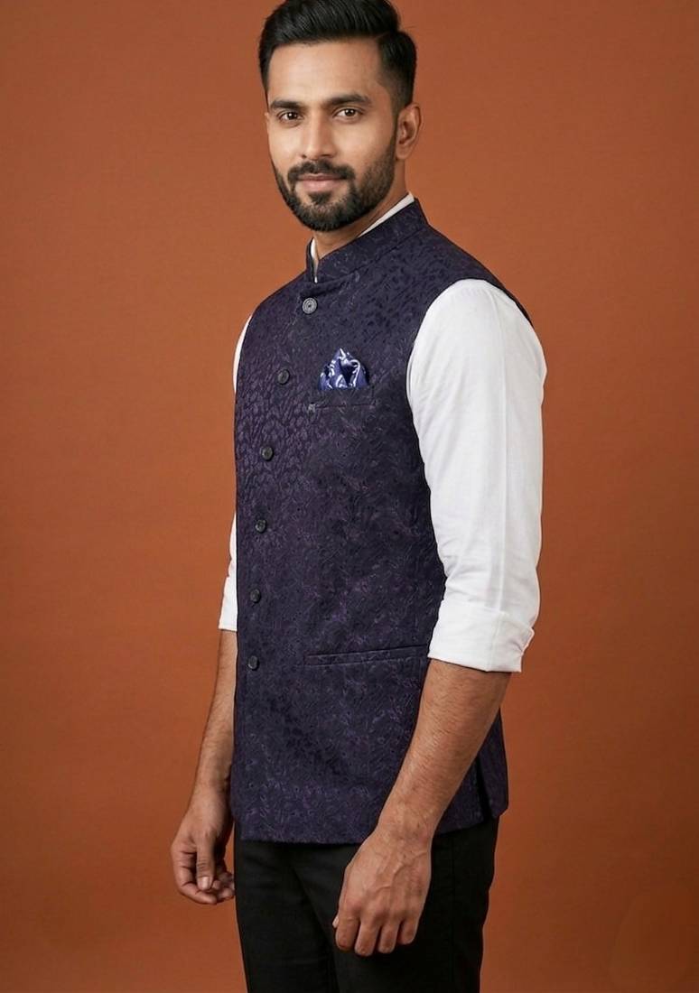 Purple thread and sequins embroidered nehru jacket 