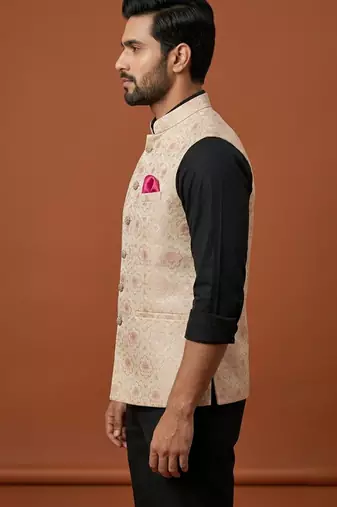 Beige printed and zari work nehru jacket  on silk