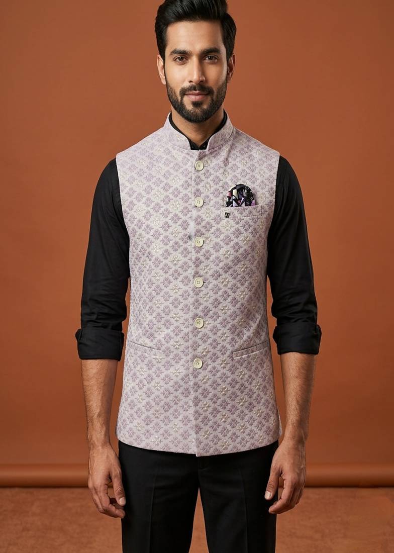 pink thread work nehru jacket 