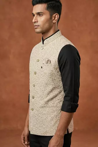 Cream thread and sequins work nehru jacket 