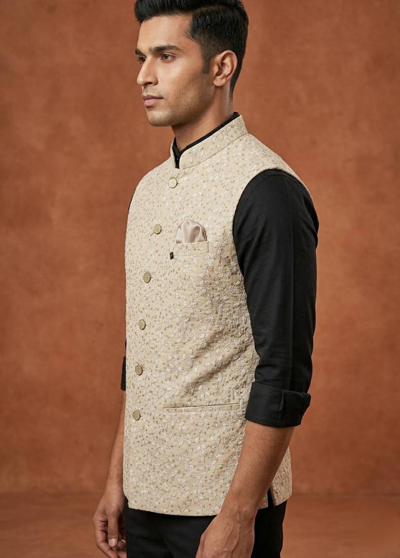 Cream thread and sequins work nehru jacket 