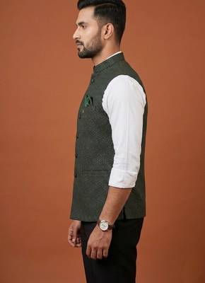 Bottle green zari work nehru jacket  on silk 2
