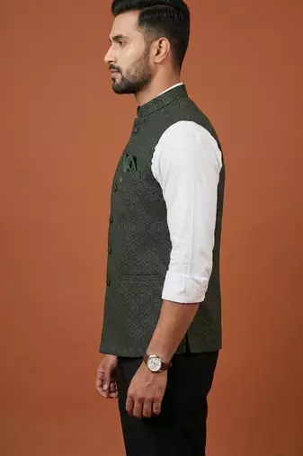 Bottle green zari work nehru jacket  on silk
