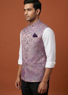 Dark pink printed nehru jacket  on silk 2
