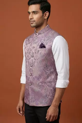Dark pink printed nehru jacket  on silk