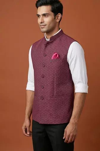 Maroon zari work nehru jacket  on silk