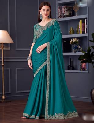 Teal silk blend chiffon embroidered saree with unstitched blouse piece 1