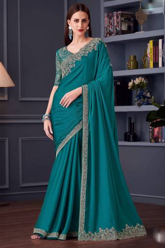 Teal silk blend chiffon embroidered saree with unstitched blouse piece