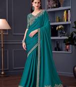 Teal silk blend chiffon embroidered saree with unstitched blouse piece