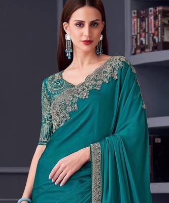 Teal silk blend chiffon embroidered saree with unstitched blouse piece 4