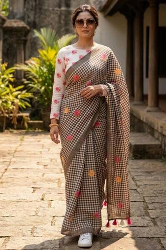 Black linen printed saree with unstitched blouse piece