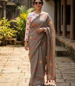 Black linen printed saree with unstitched blouse piece