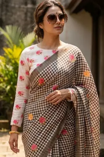 Black linen printed saree with unstitched blouse piece