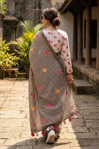 Black linen printed saree with unstitched blouse piece