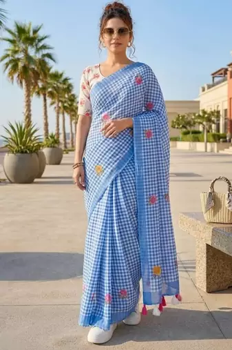 Blue linen printed saree with unstitched blouse piece