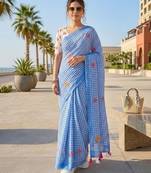 Blue linen printed saree with unstitched blouse piece