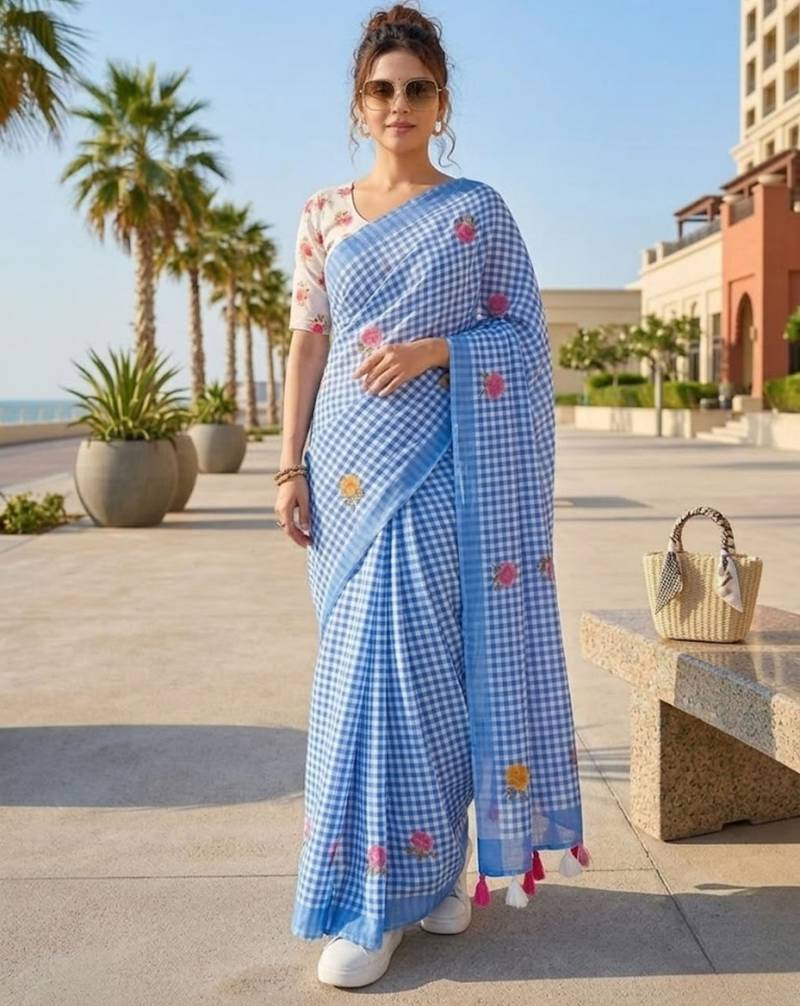 Blue linen printed saree with unstitched blouse piece