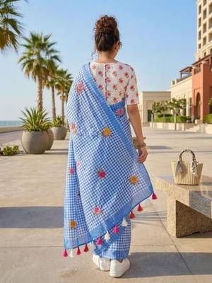 Blue linen printed saree with unstitched blouse piece 2