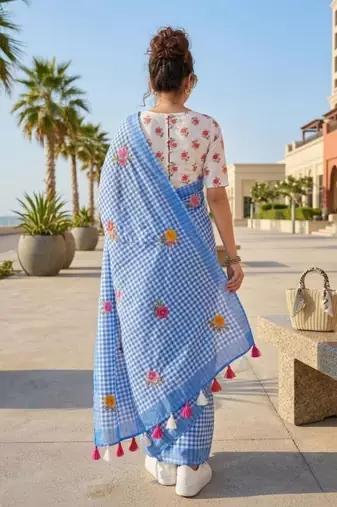 Blue linen printed saree with unstitched blouse piece