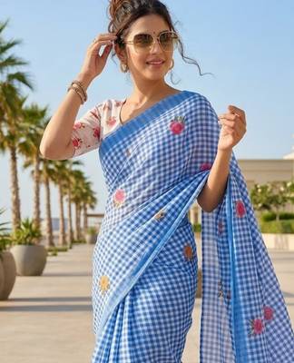 Blue linen printed saree with unstitched blouse piece 3