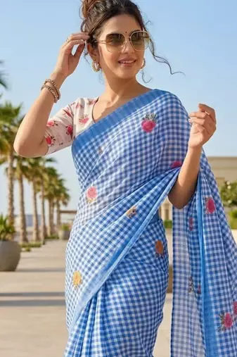 Blue linen printed saree with unstitched blouse piece