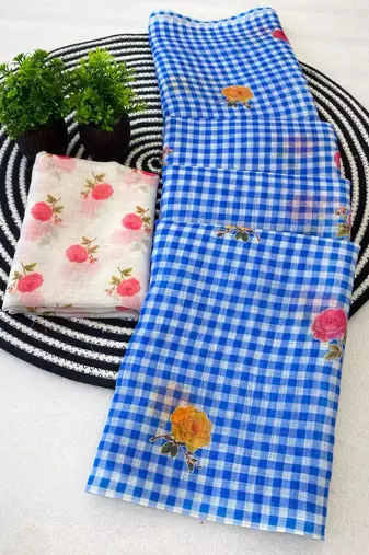 Blue linen printed saree with unstitched blouse piece