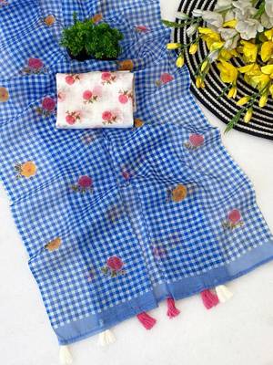 Blue linen printed saree with unstitched blouse piece 5