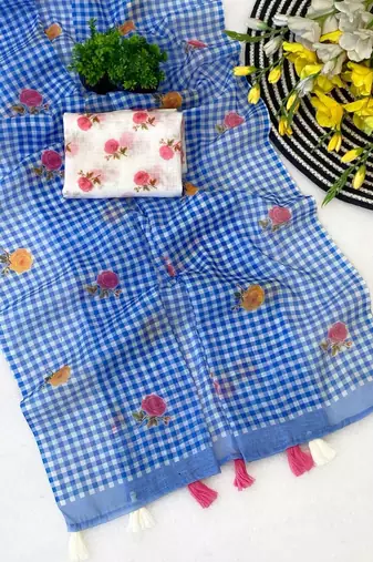 Blue linen printed saree with unstitched blouse piece