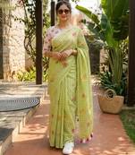 Green linen printed saree with unstitched blouse piece