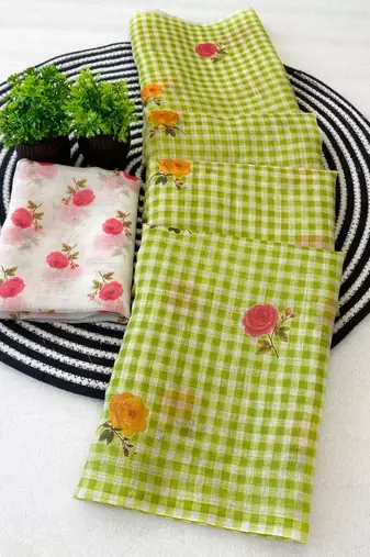 Green linen printed saree with unstitched blouse piece