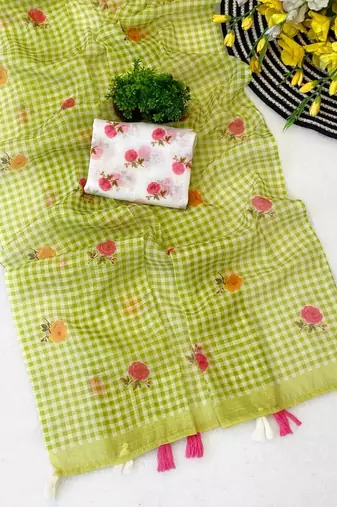 Green linen printed saree with unstitched blouse piece