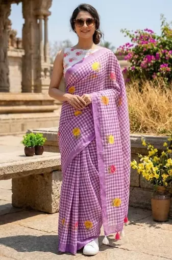 Lavender linen printed saree with unstitched blouse piece