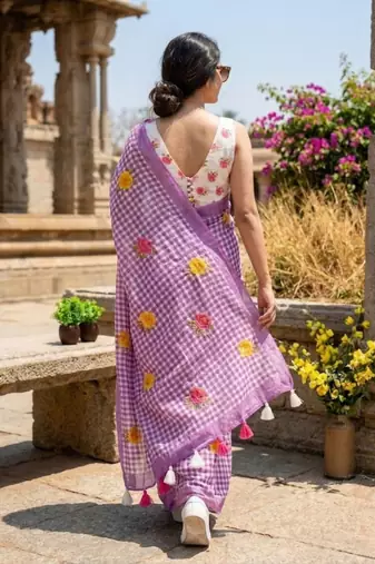 Lavender linen printed saree with unstitched blouse piece