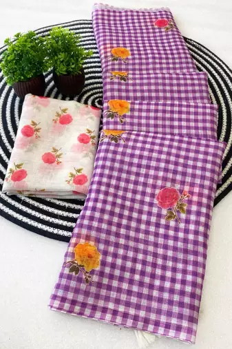 Lavender linen printed saree with unstitched blouse piece