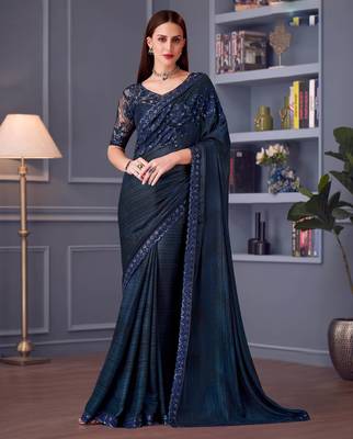 Blue silk blend embroidered saree with unstitched blouse piece 1