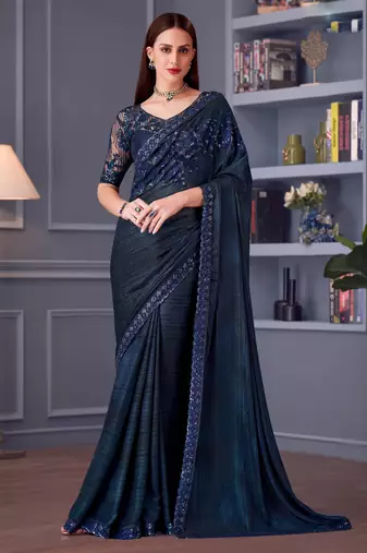 Blue silk blend embroidered saree with unstitched blouse piece