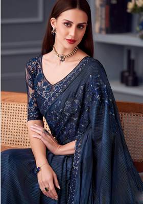 Blue silk blend embroidered saree with unstitched blouse piece 2