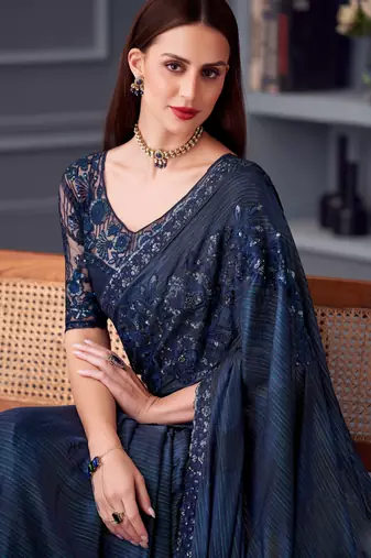 Blue silk blend embroidered saree with unstitched blouse piece