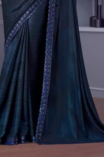 Blue silk blend embroidered saree with unstitched blouse piece