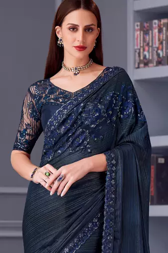 Blue silk blend embroidered saree with unstitched blouse piece