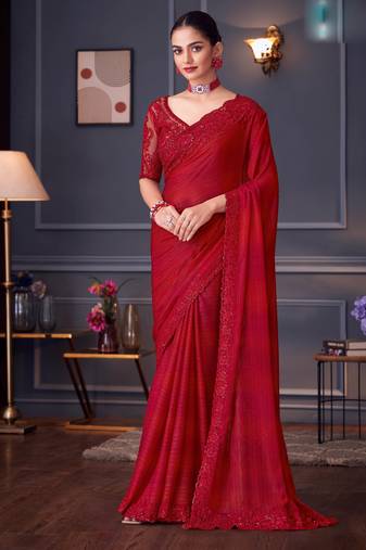 Rani silk blend embroidered saree with unstitched blouse piece
