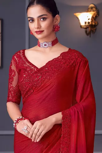 Rani silk blend embroidered saree with unstitched blouse piece